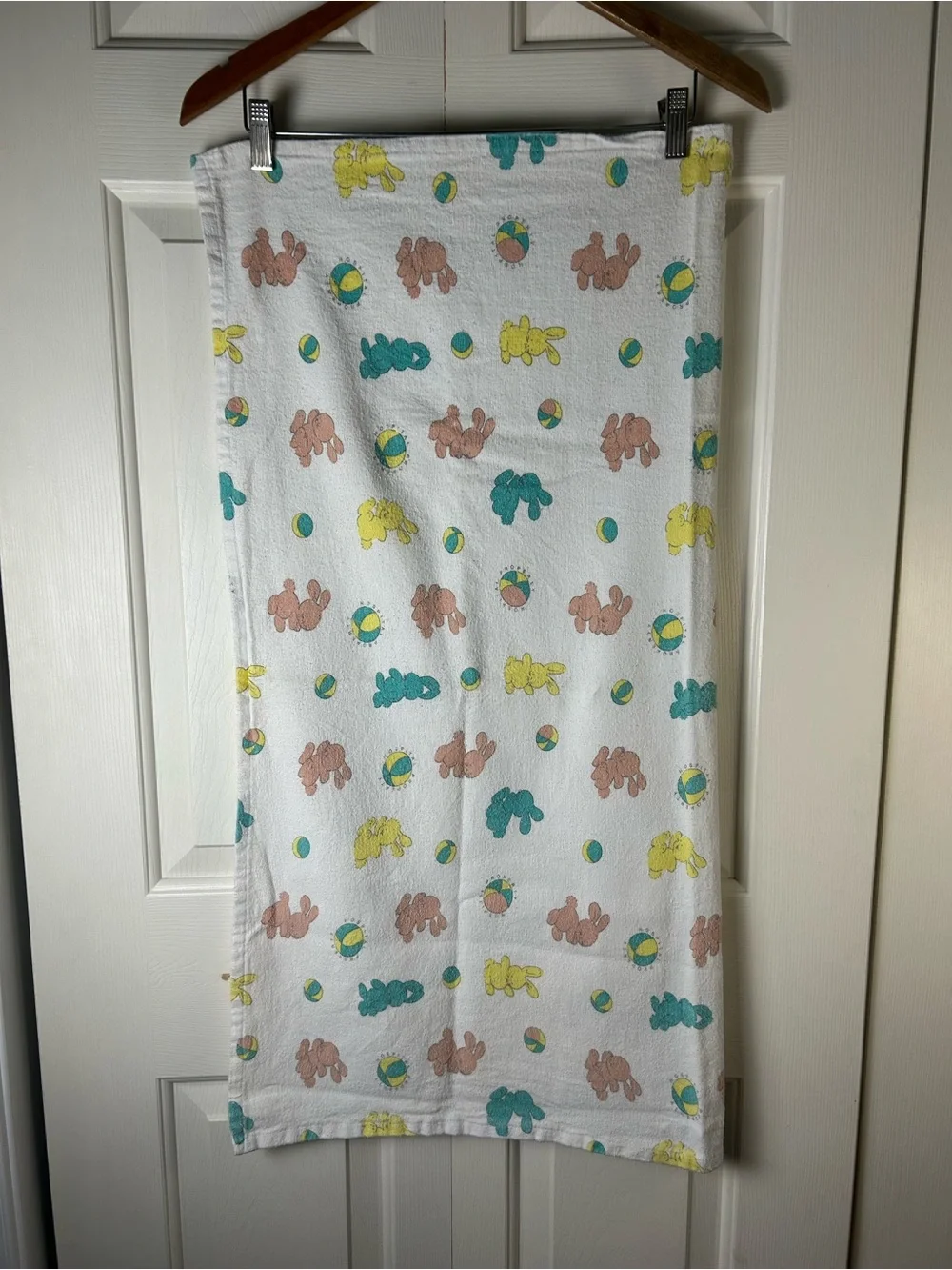 Vintage Bunny Rabbit Hospital Property Baby Receiving Blanket Pink White Ball